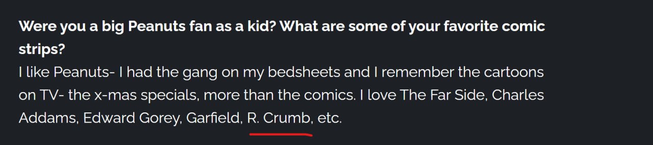Interview excerpt in which Matt Furie names R. Crumb among his favourite comic artists.