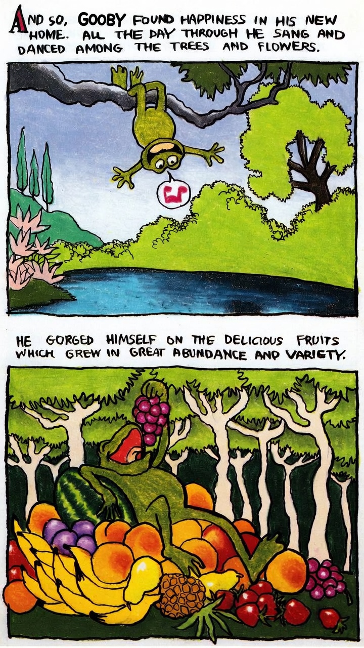 Comic panel: Gooby finds happiness and gorges on delicious fruit.