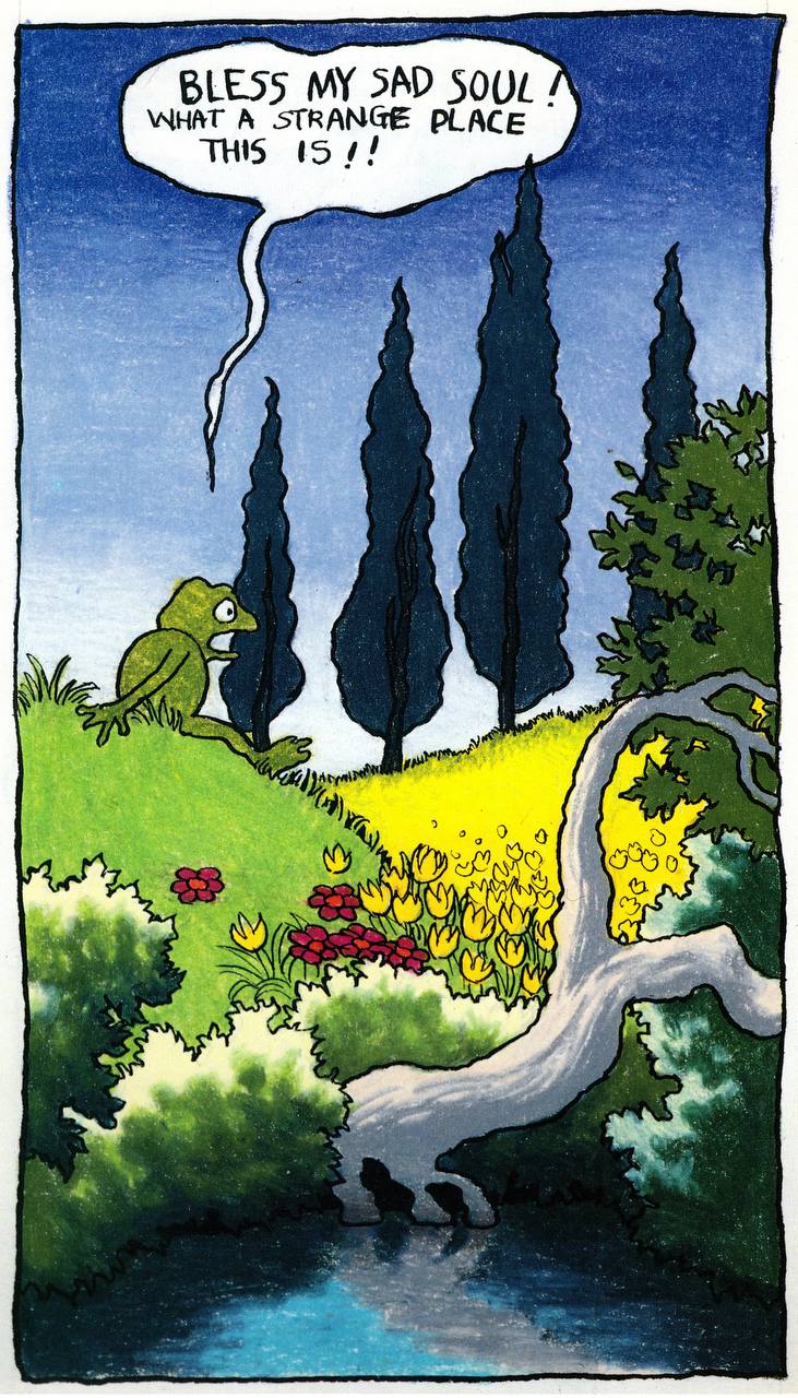 Comic panel: Gooby marveling at a strange, beautiful storybook landscape.