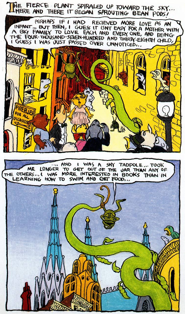 Comic panel: Gooby in a fantastical dream-city, musing on his lonely beginnings.